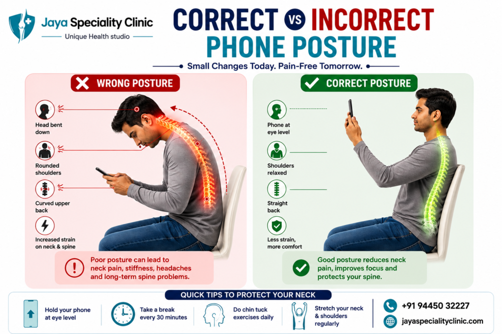 Correct vs incorrect phone posture showing how proper posture helps prevent Text Neck Syndrome and reduces neck strain.